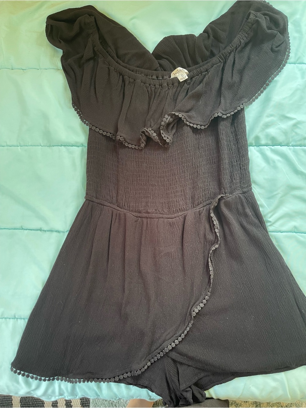 Justify Black Off-Shoulder Ruffle Romper Dress for Kids